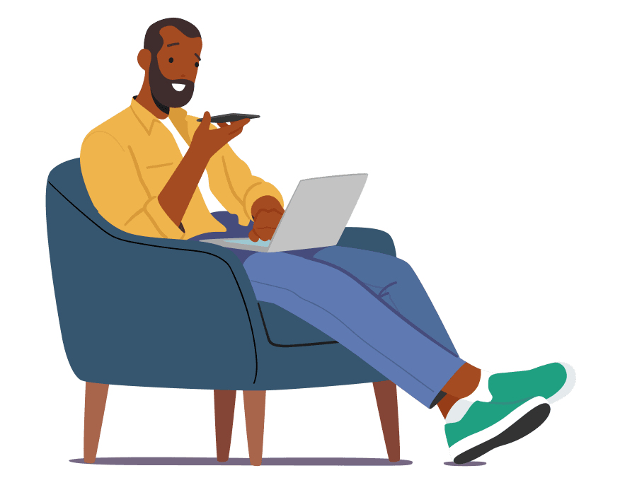 Male Character Sitting On Armchair With Smartphone And Laptop